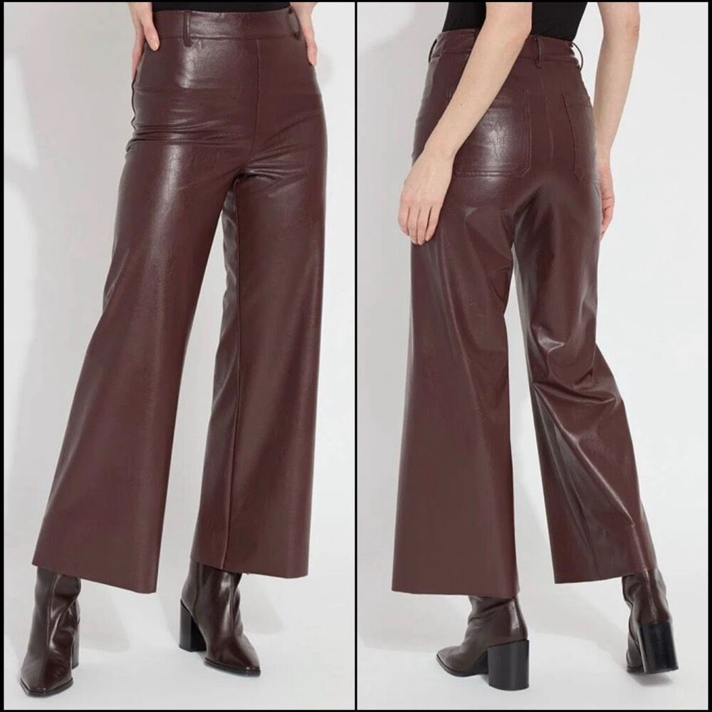 LYSSE New York $148 Vegan Leather Wide Leg Pants Burgundy Large Petite NWT